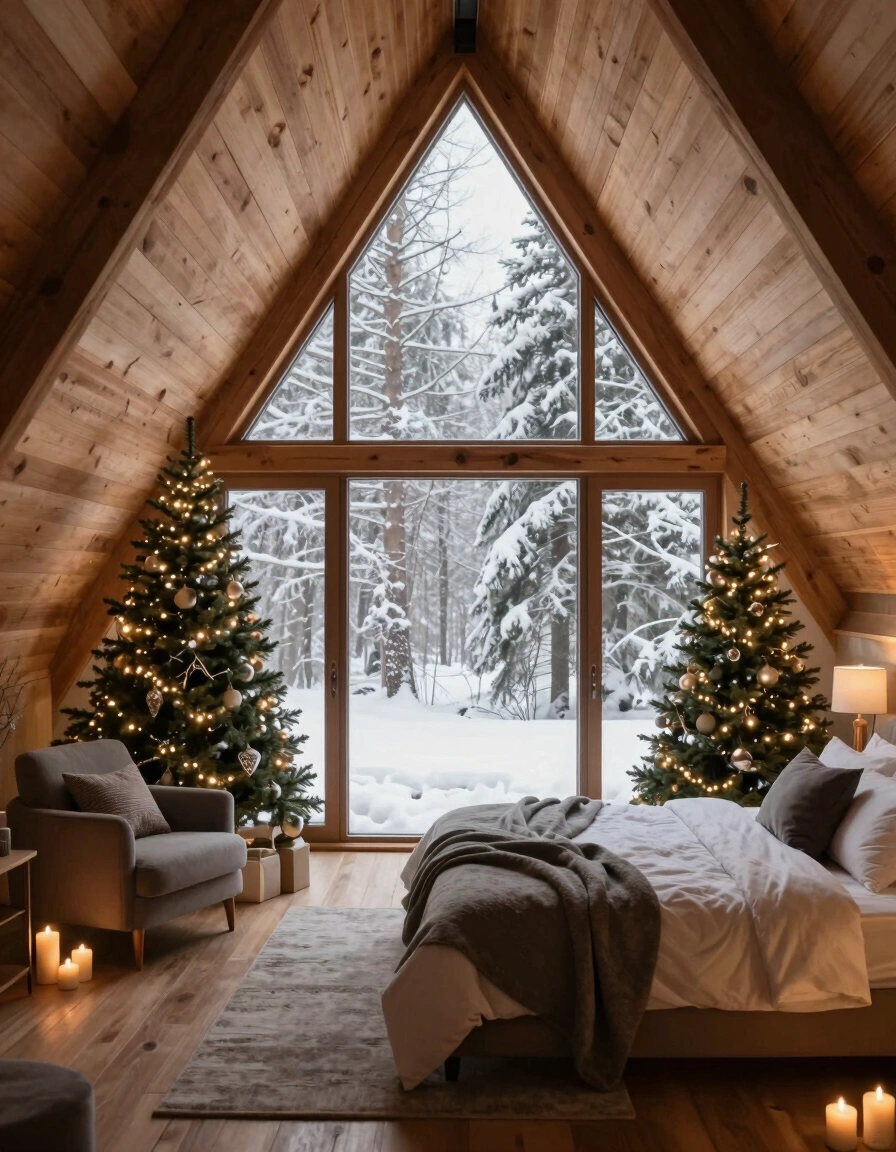A cozy attic bedroom with a large triangular window, wooden paneling, and a gray armchair and bed, decorated with Christmas trees and candles.