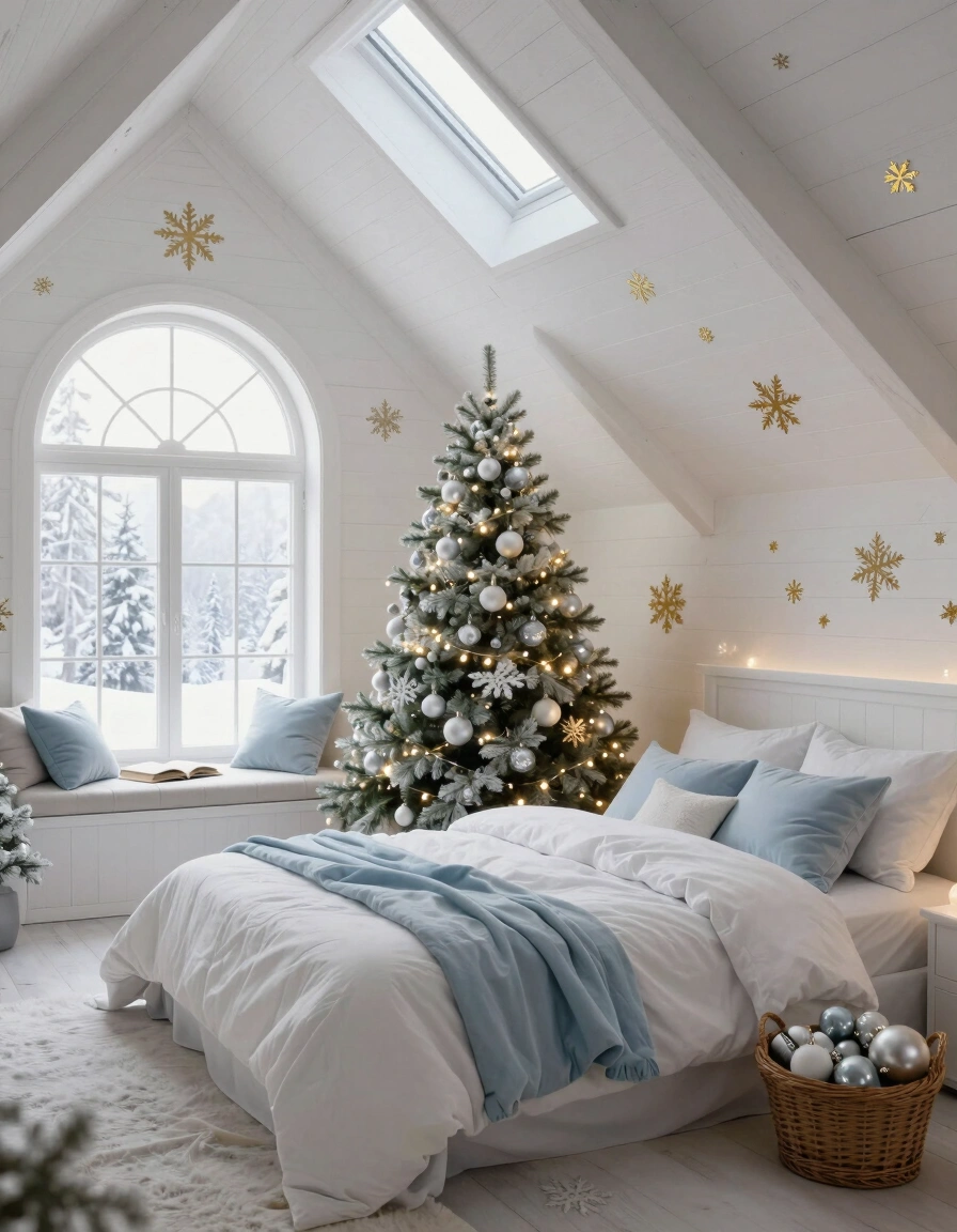 A cozy attic bedroom with a Christmas tree, white wooden walls, and a plush bed, softly lit by natural light and decorated with gold snowflakes and silver ornaments.