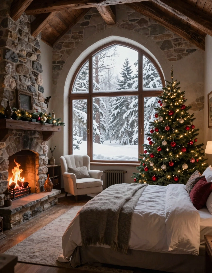 A cozy castle bedroom with a Christmas tree, fireplace, and snowy forest view through a large arched window.