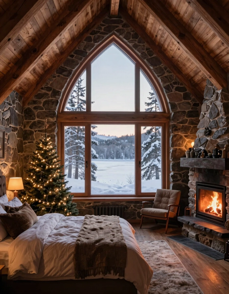 A cozy bedroom with a large window showing a winter landscape, a Christmas tree, and a fireplace.