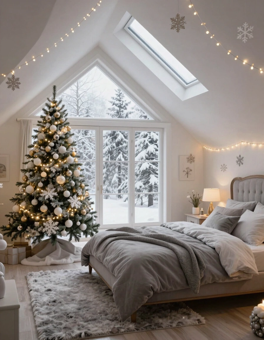 A cozy attic bedroom with a Christmas tree, gray bed, and snow-covered trees outside the window.