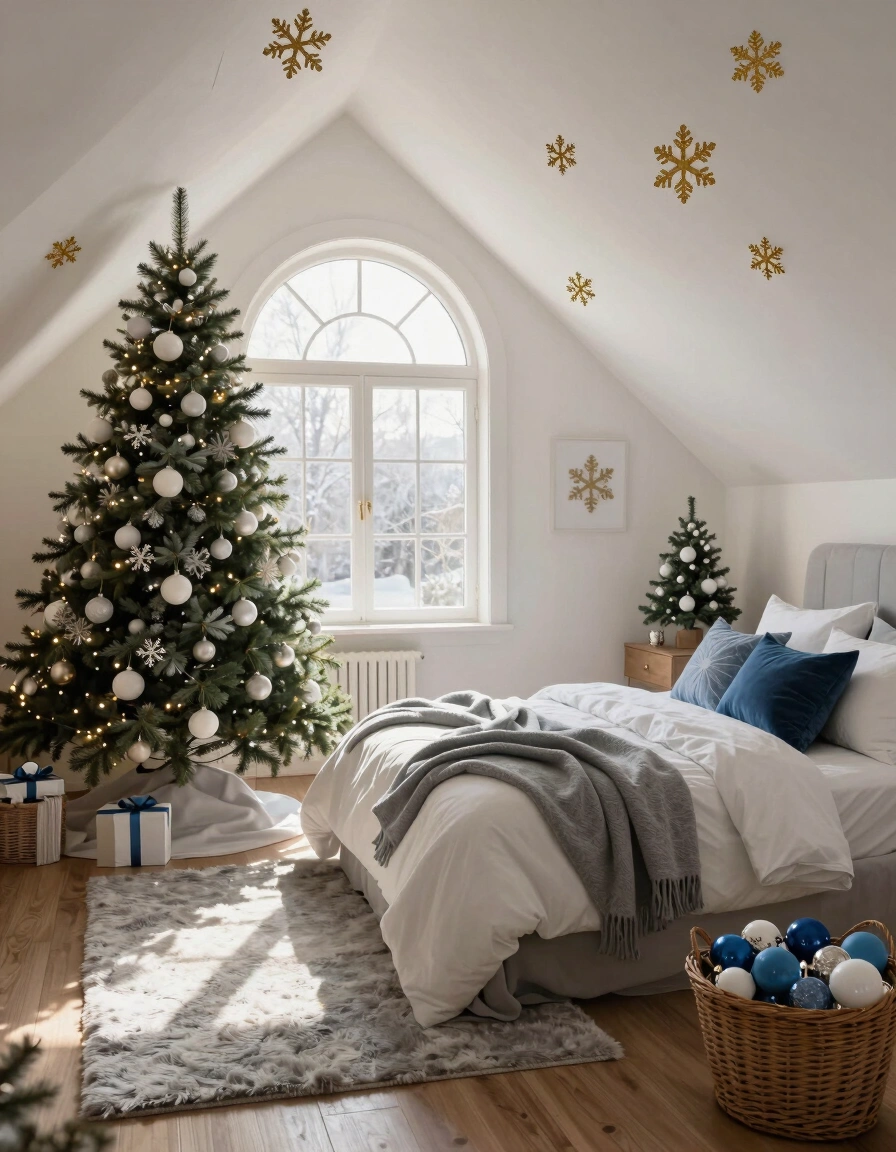 A Christmas tree stands beside a large arched window in a cozy attic bedroom with a bed, gray rug, and wicker basket filled with ornaments.