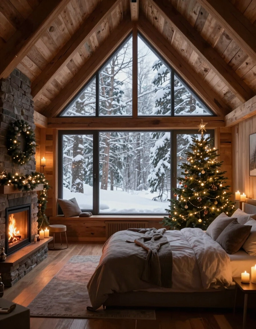 A cozy modern wooden bedroom with a vaulted ceiling, large window, and fireplace, decorated for Christmas with a small tree and fairy lights.