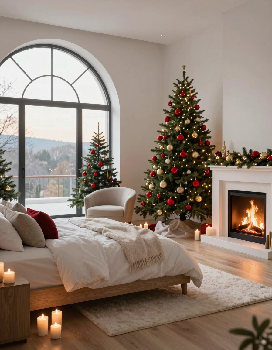 A modern bedroom decorated for Christmas with a large arched window, a white fireplace, and a tall Christmas tree adorned with red and gold ornaments.