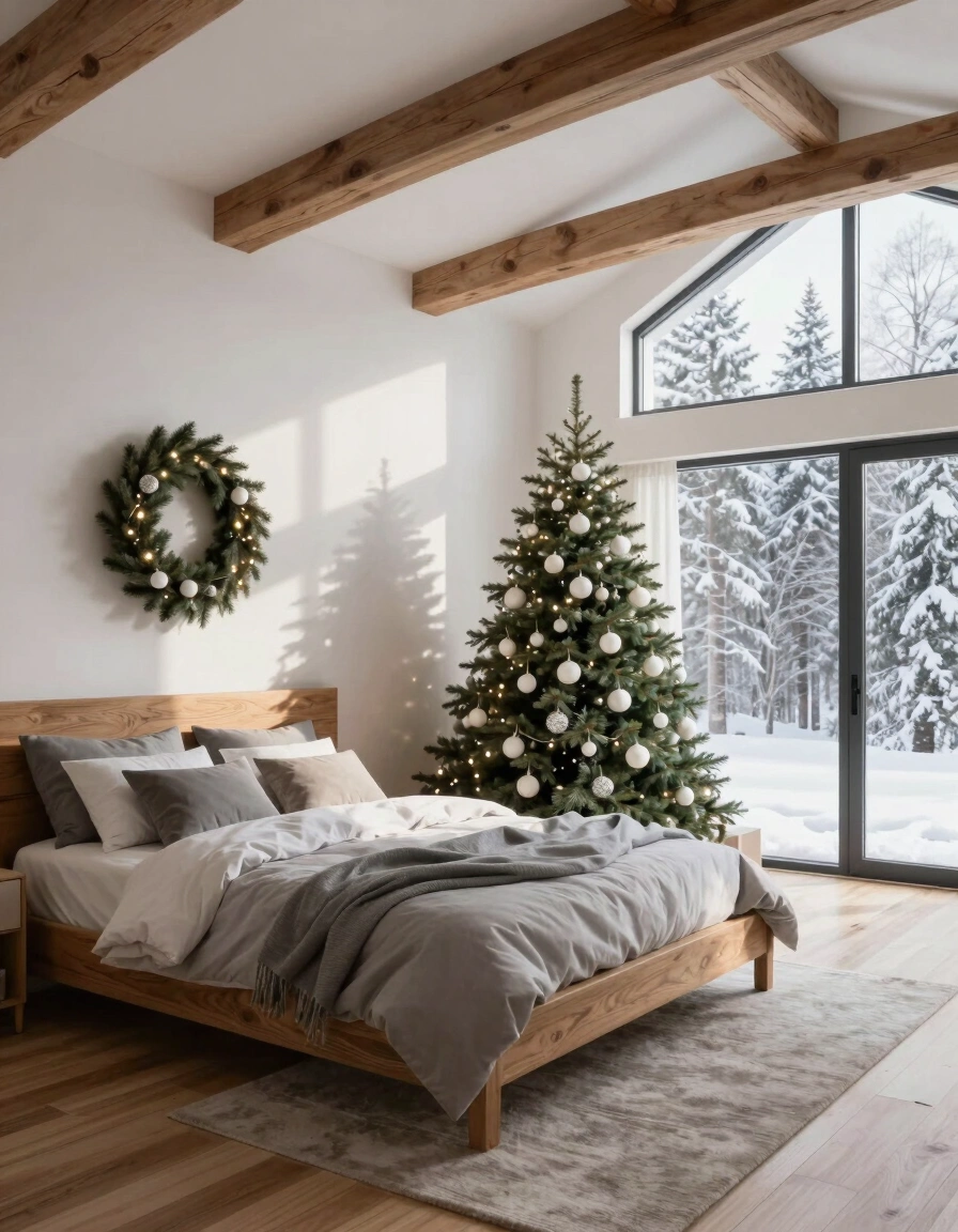 A cozy bedroom with a Christmas tree, wreath, and snowy forest view