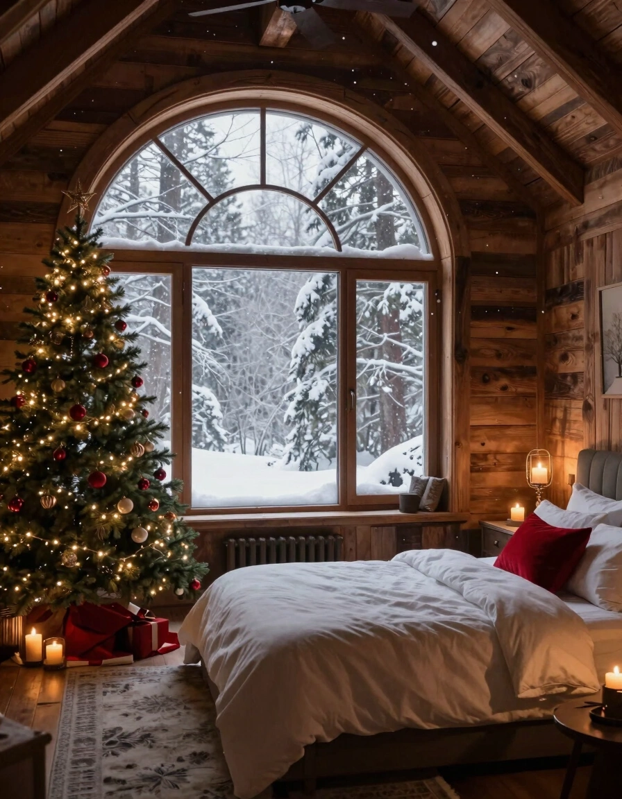 A cozy bedroom with a large arched window, Christmas tree, and comfortable bed, surrounded by soft candlelight and rustic wooden accents.