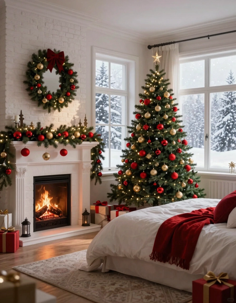 A cozy bedroom decorated for Christmas with a fireplace, Christmas tree, and presents, featuring a comfortable bed and a winter wonderland view.