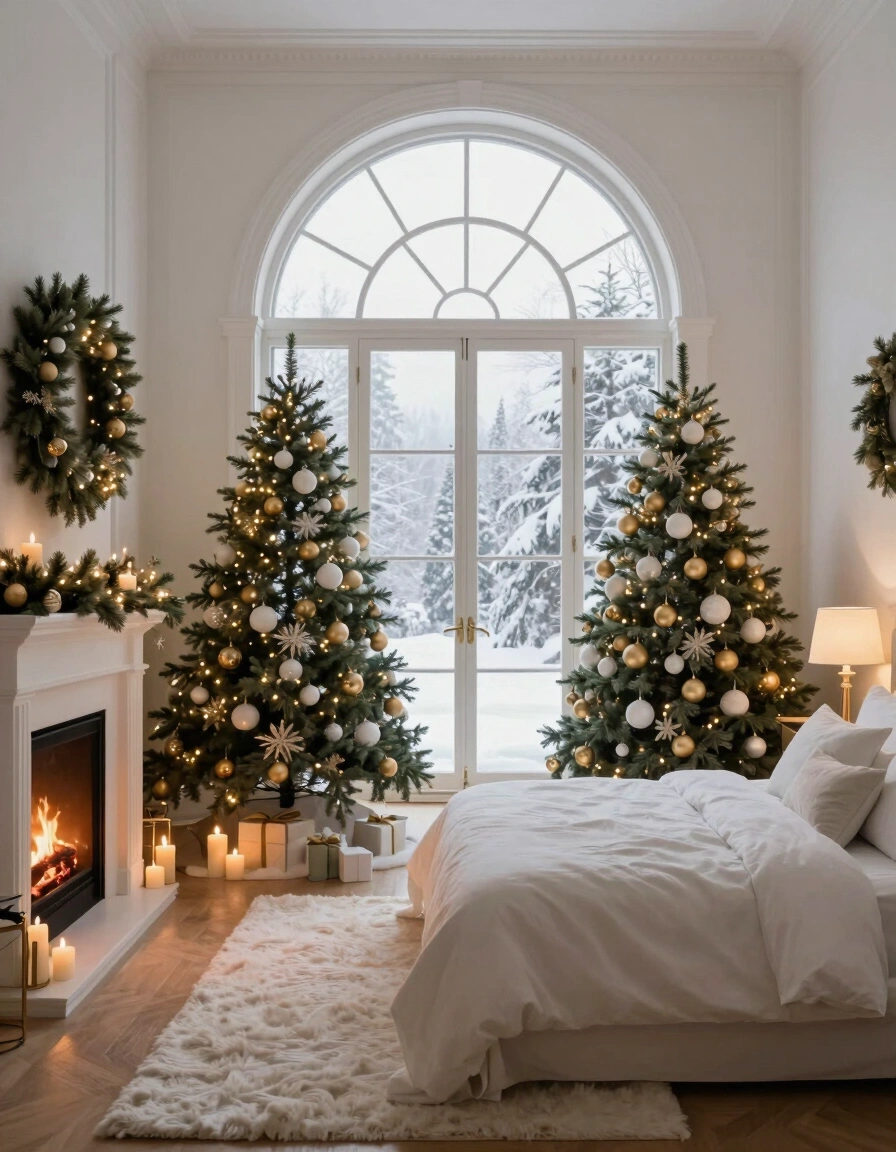 A cozy bedroom decorated for Christmas with three trees, a fireplace, and a large arched window showing a snowy landscape.