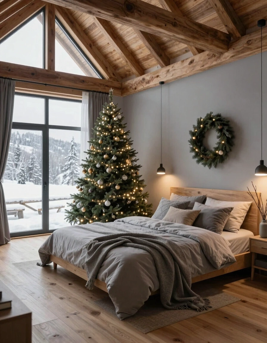 A cozy bedroom with a Christmas tree, grey bed, and warm lighting, set in a rustic wooden cabin with a snow-covered landscape view.