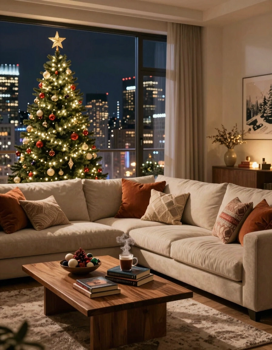 Cozy living room with Christmas decorations and city view