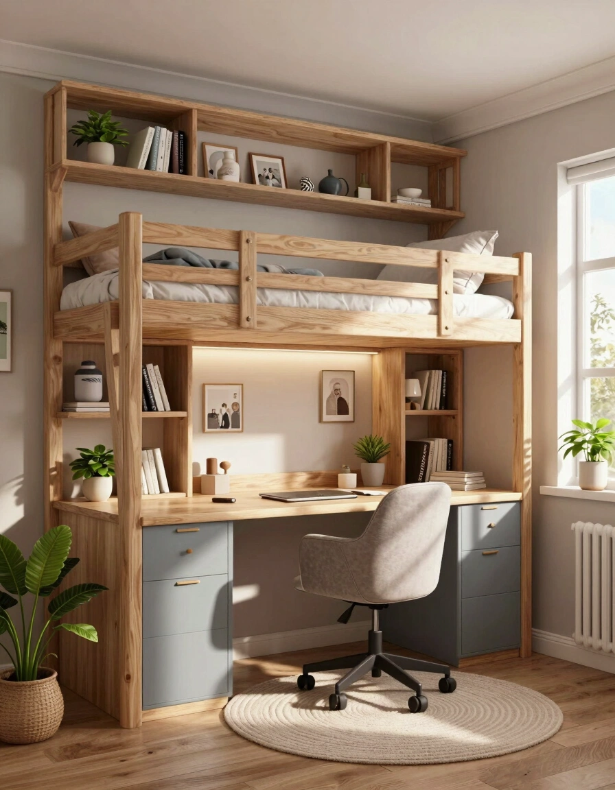 A compact home office with a bunk bed, light wood desk, and gray-blue cabinets, illuminated by under-cabinet lighting and adorned with personal items and decorative pictures.