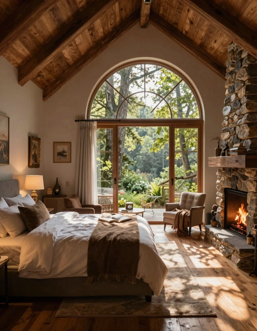 A luxurious bedroom with a vaulted ceiling, arched window, and stone fireplace, surrounded by a serene forest landscape.