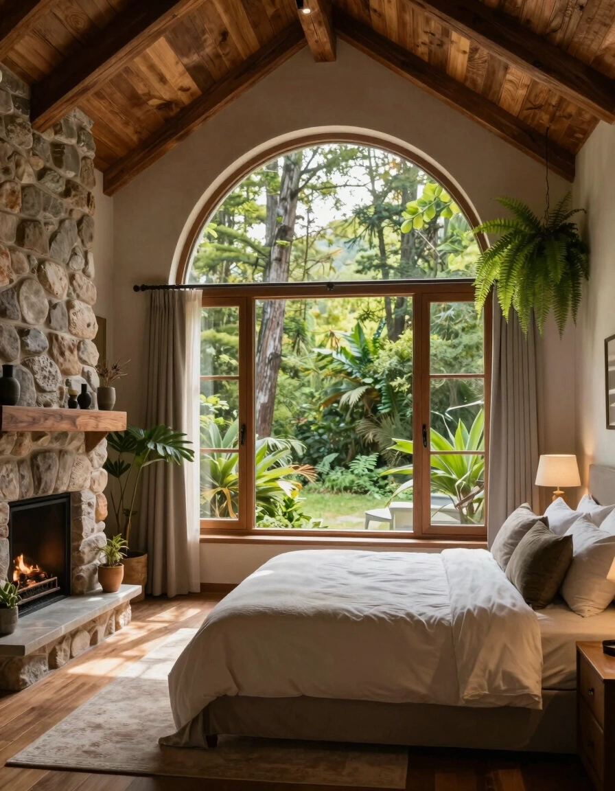 A cozy bedroom with a vaulted ceiling, stone fireplace, and large window overlooking a forest, featuring a plush bed and lush greenery.