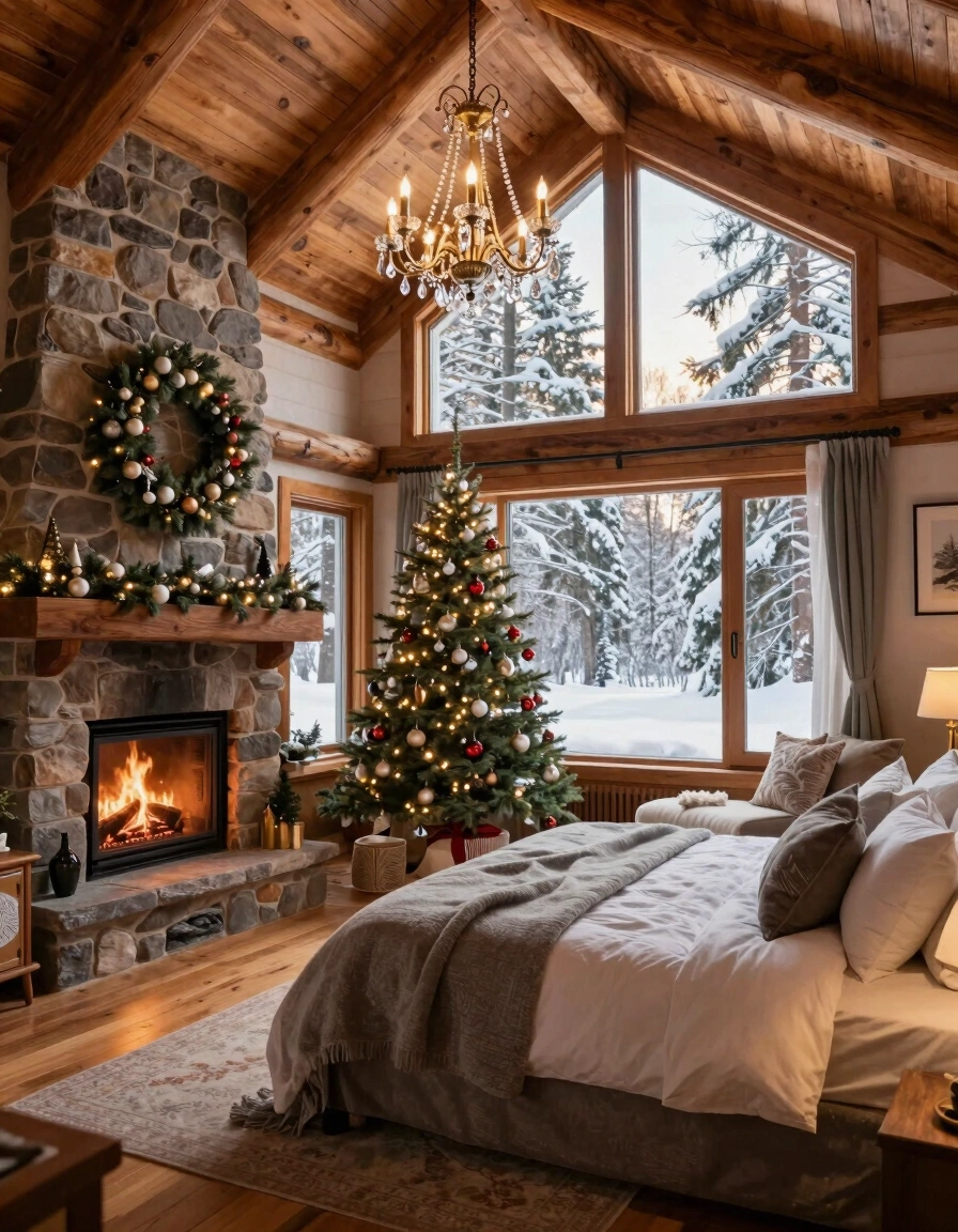 A cozy log cabin bedroom with a stone fireplace, decorated for Christmas, and large windows overlooking a snowy forest.