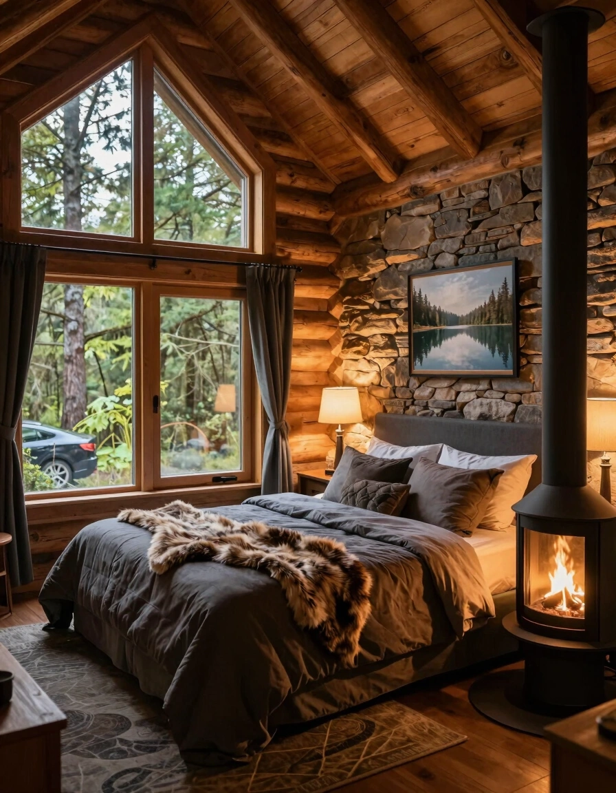 A cozy log cabin bedroom with a large bed, stone accent wall, and modern fireplace, surrounded by wooden logs and warm lighting.