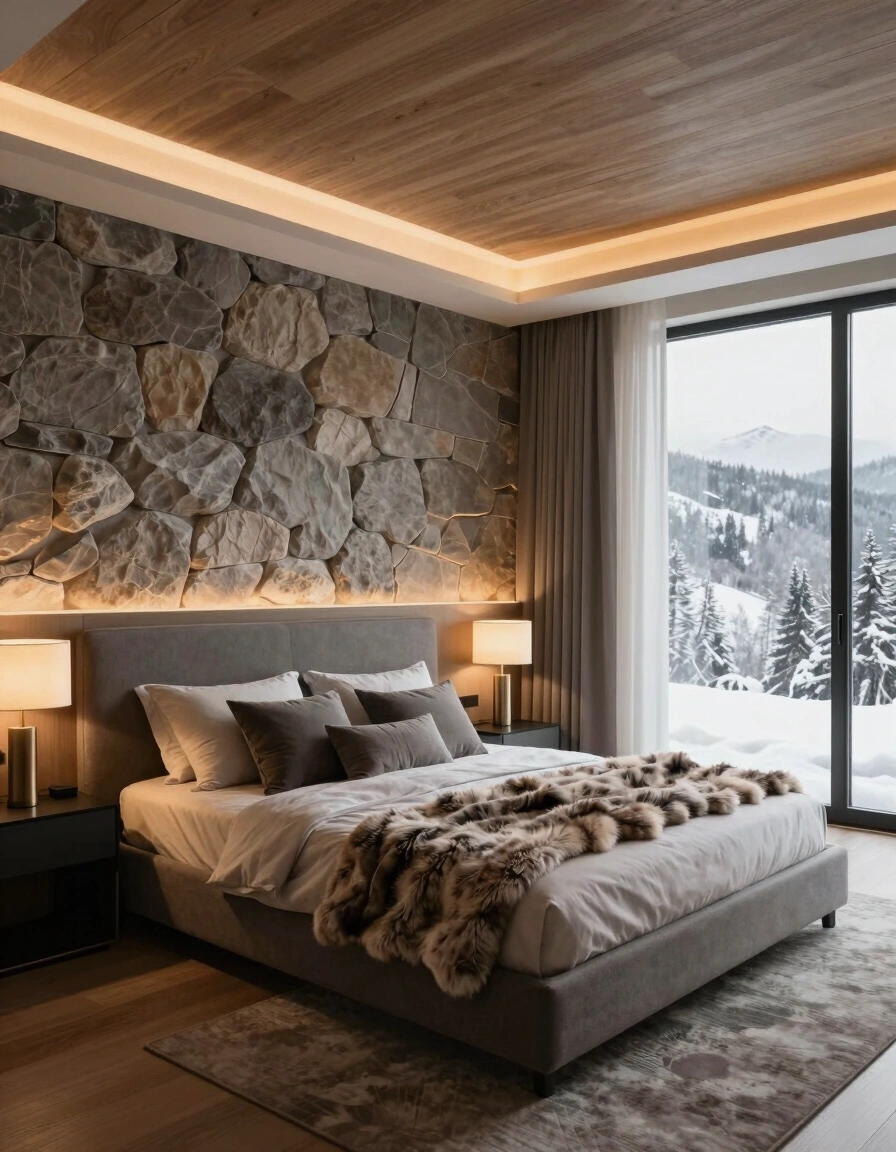 A modern bedroom with a large bed, stone accent wall, and wooden ceiling, featuring gray pillows and a fur throw blanket.