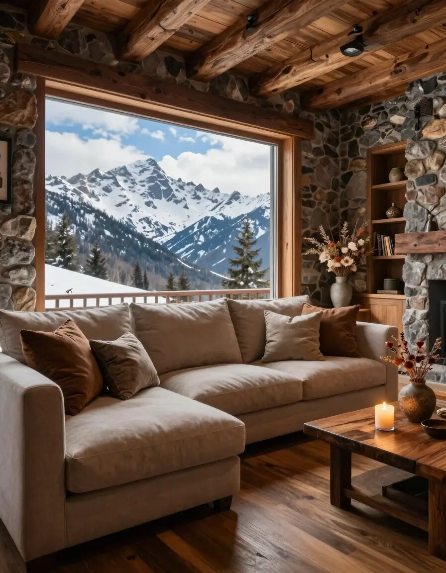 A cozy mountain chalet living room with a large window, plush sofa, and wooden ceiling, offering a serene view of snow-capped mountains.