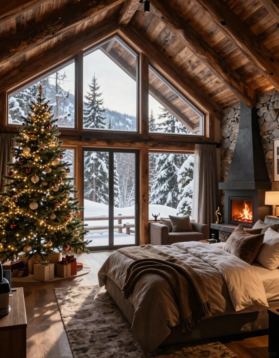 A cozy bedroom with a Christmas tree, fireplace, and large windows looking out onto a snowy forest.