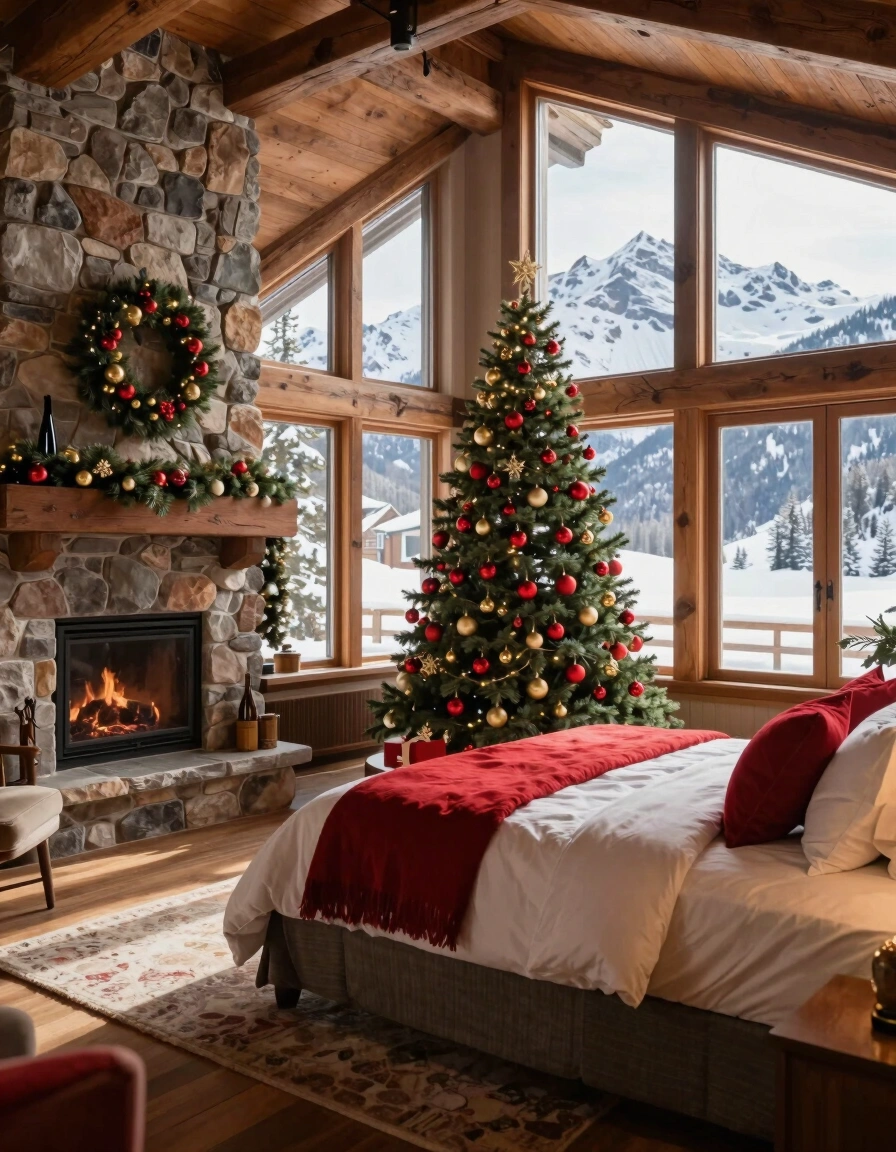 A cozy bedroom with a stone fireplace, Christmas tree, and large windows showing snowy mountains.
