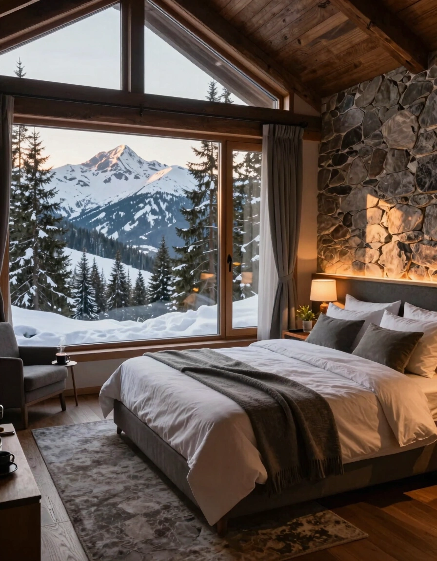 A cozy bedroom with a large window showing snow-covered mountains and pine trees, a plush bed with white linens, and a stone accent wall with warm lighting.