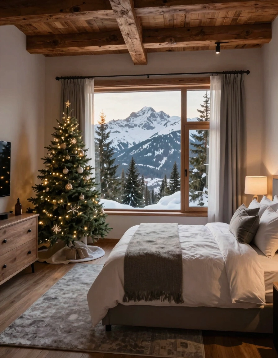 A cozy bedroom with a large window showing snow-capped mountains and trees, a decorated Christmas tree, and a comfortable bed with white linens.