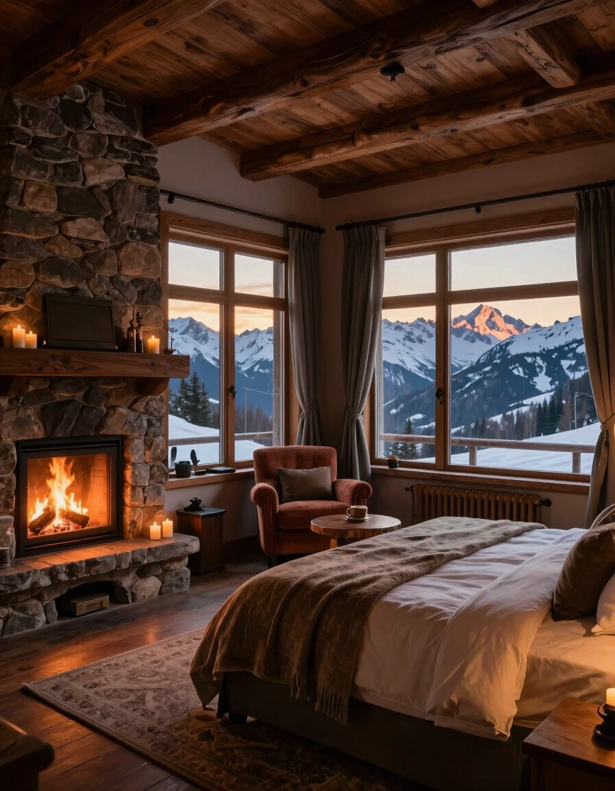 A cozy bedroom with a stone fireplace, wooden ceiling, and large windows showing snow-capped mountains at sunset.