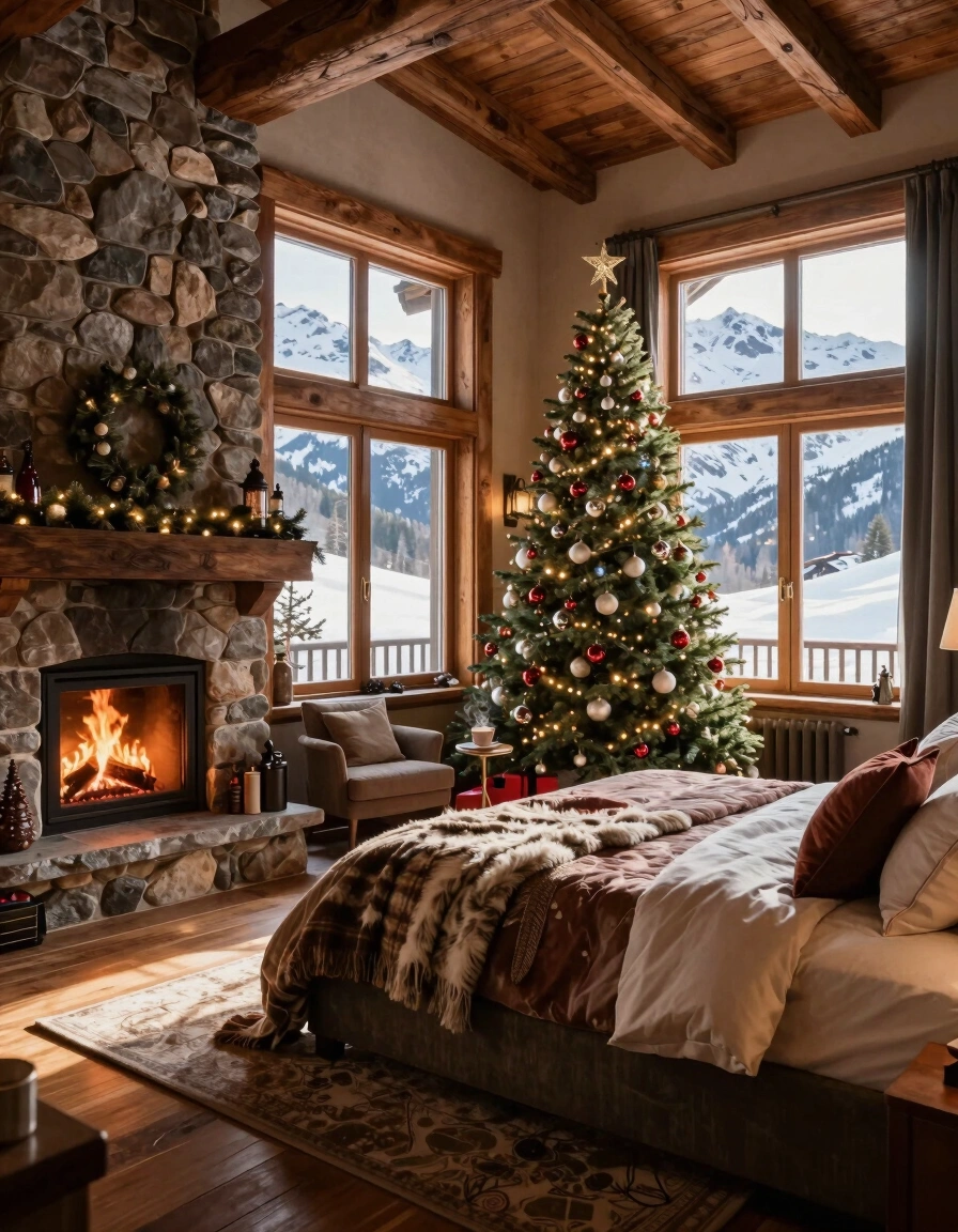 A cozy bedroom in a mountain lodge decorated for Christmas with a fireplace and a Christmas tree.