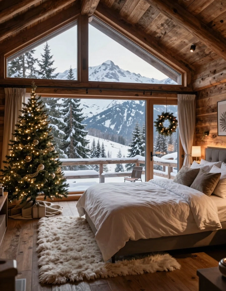 A cozy bedroom in a mountain lodge with a large window, Christmas tree, and wreath, featuring a plush bed and fluffy rug.