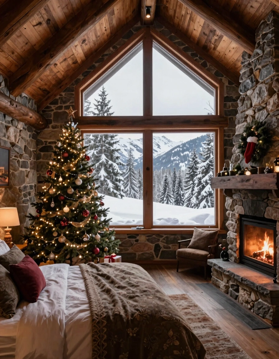 A cozy bedroom in a mountain lodge with a Christmas tree near a fireplace, large window showing snowy trees, and a comfortable bed under a vaulted wooden ceiling.