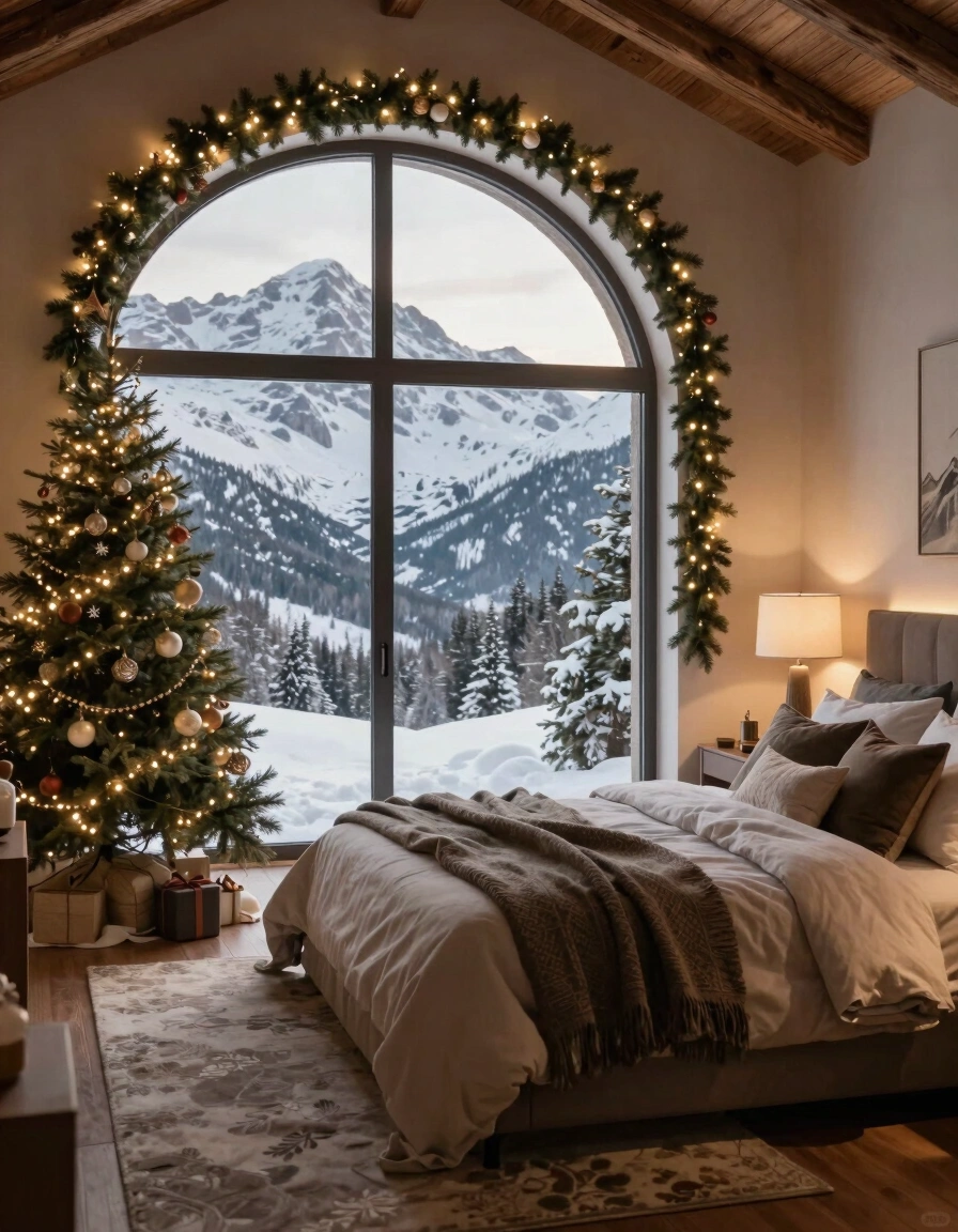 A cozy bedroom with a large arched window offering a breathtaking view of snowy mountains and trees, decorated with Christmas lights and featuring a plush bed with white linens.