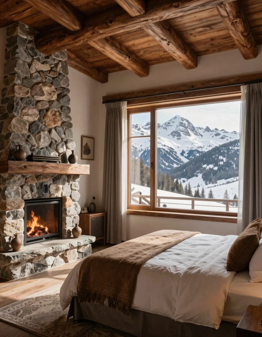 A bedroom with a stone fireplace, large window, and cozy bed, surrounded by snow-capped mountains.