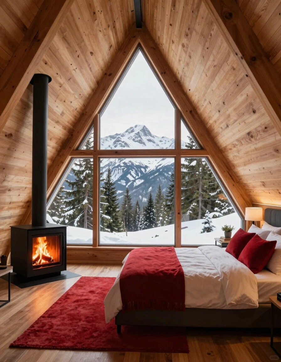 A-frame bedroom with triangular window, black fireplace, and red rug
