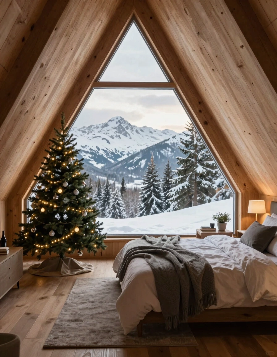 A cozy bedroom with a large triangular window showing snow-covered mountains and trees, decorated with a Christmas tree and plush white bedding.