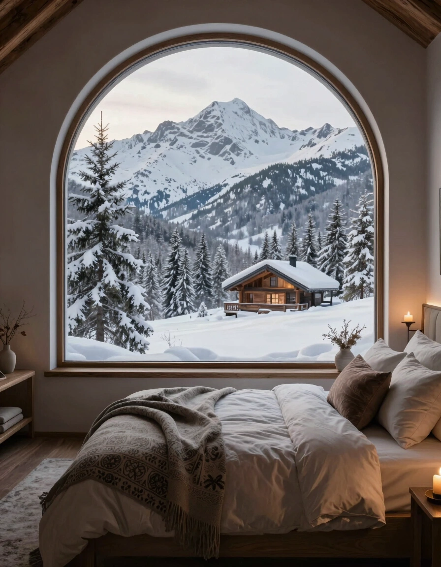A peaceful bedroom with a large arched window showing a snowy mountain scene, cozy cabin, and evergreen trees, with a neutral color palette, plush bedding, and warm candlelight.