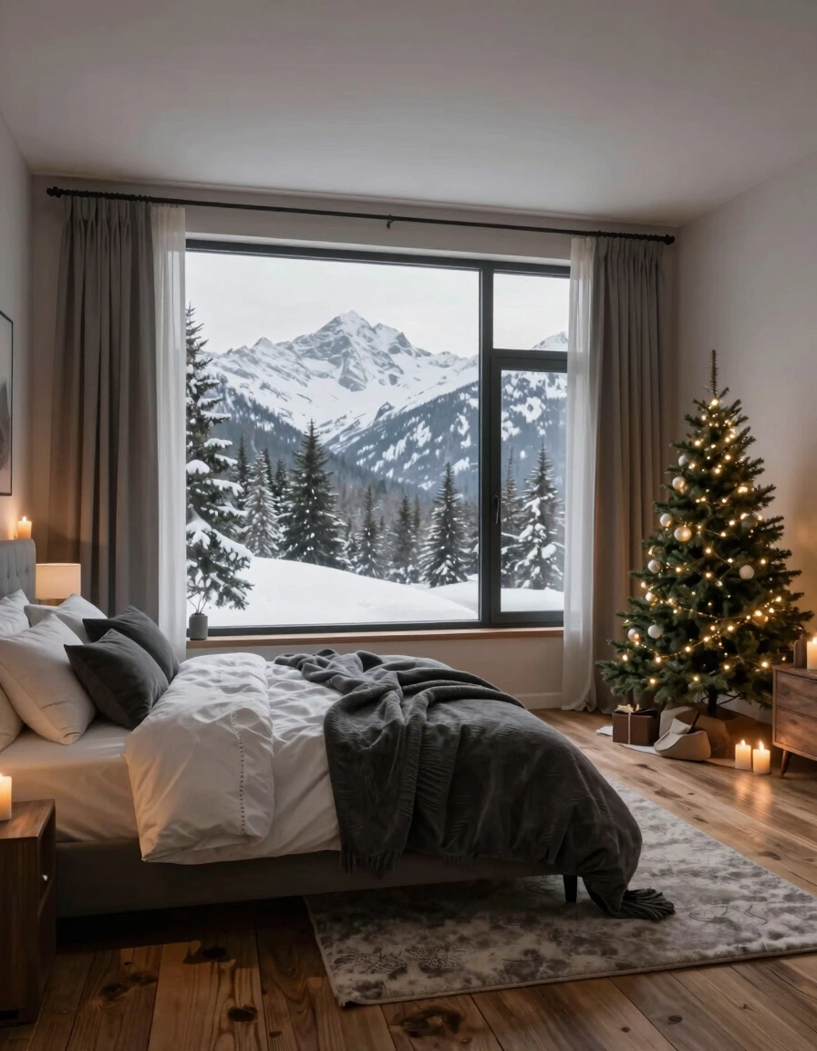 A bedroom with a large window showing snow-covered mountains and trees, a cozy bed, and a small Christmas tree with lights.