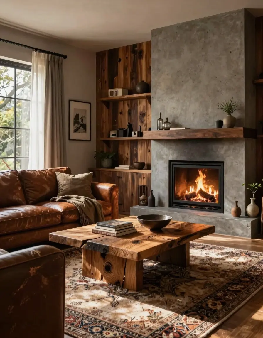 A cozy living room with a fireplace, brown leather couch, and wooden coffee table, surrounded by wooden walls and a large area rug.
