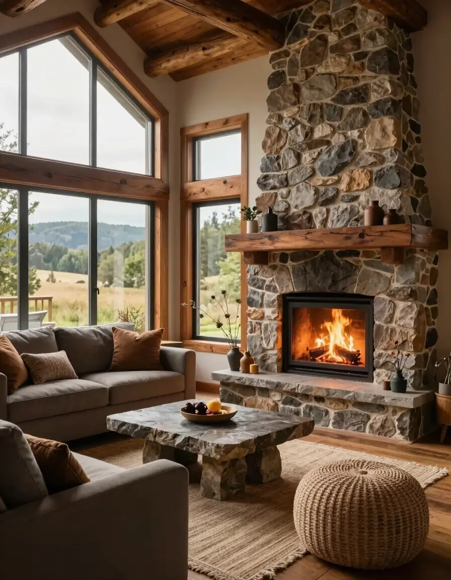 A cozy living room with a stone fireplace, gray couch, and large windows, surrounded by natural wood and earthy tones, creating a warm and inviting atmosphere.