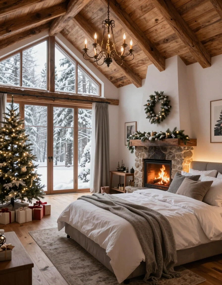 A cozy bedroom with a stone fireplace, wooden ceiling, and Christmas decorations.