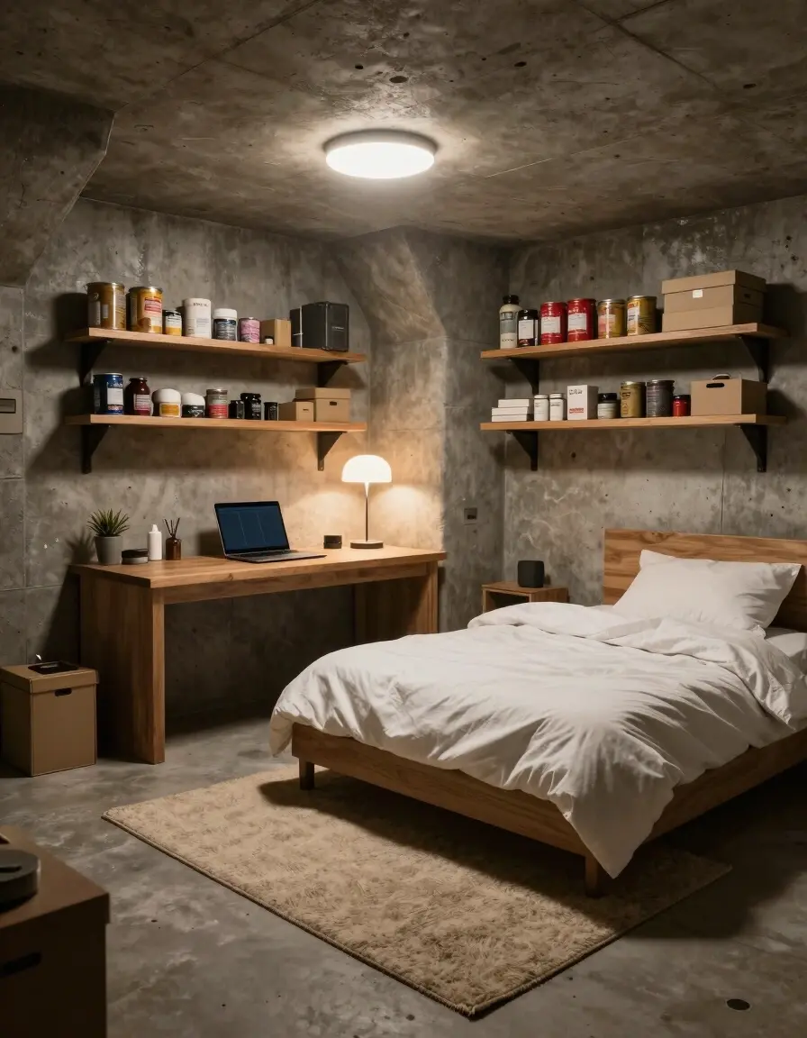 A cozy underground bunker with a bed, desk, and shelves, lit by soft lighting and a central overhead light.