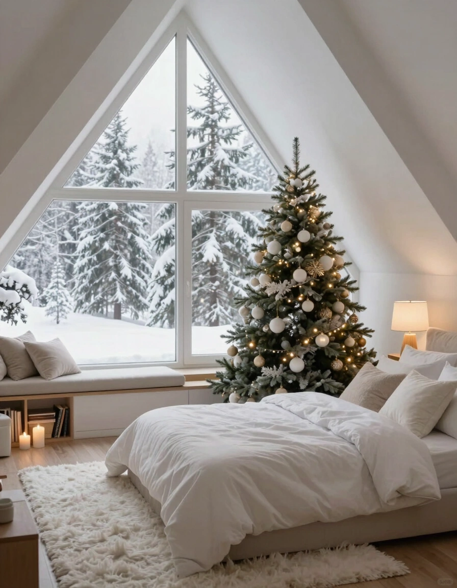 A peaceful attic bedroom with a triangular window, Christmas tree, white rug, and comfortable bed, all in a serene winter setting.