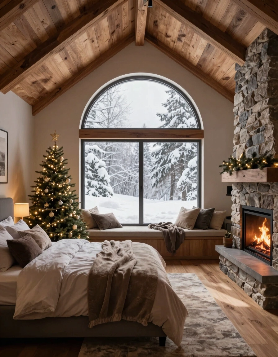 A cozy bedroom with a vaulted ceiling, large arched window, and stone fireplace, decorated with a small Christmas tree and plush furnishings.