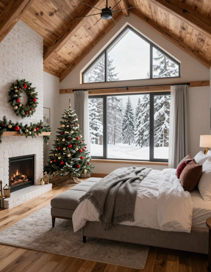 A peaceful winter bedroom scene with a fireplace, Christmas tree, and snowy forest view
