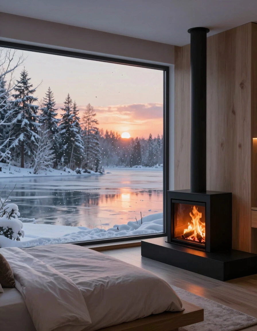 A peaceful bedroom with a large window showing a snowy forest and lake at sunset, a black fireplace, and a modern bed with white bedding.