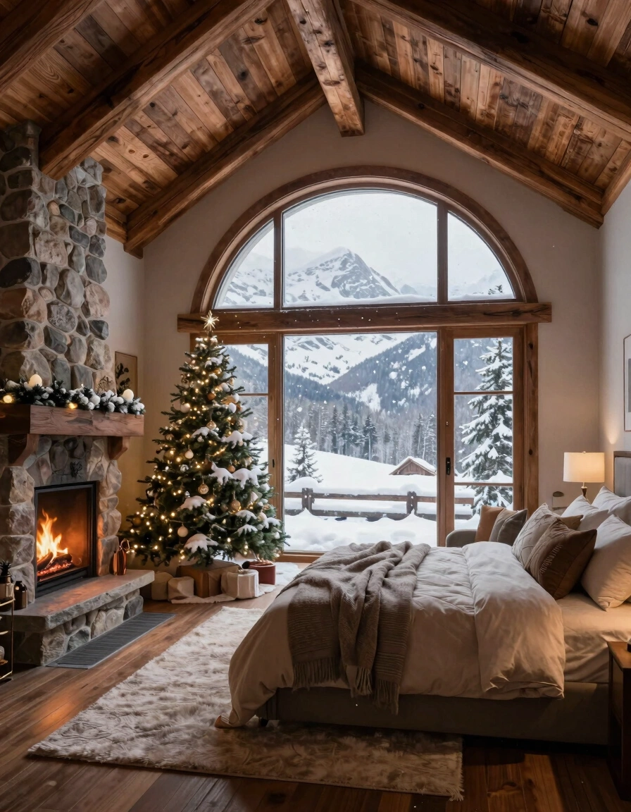 A peaceful winter bedroom with a fireplace, Christmas tree, and a large window showing a snowy mountain landscape.
