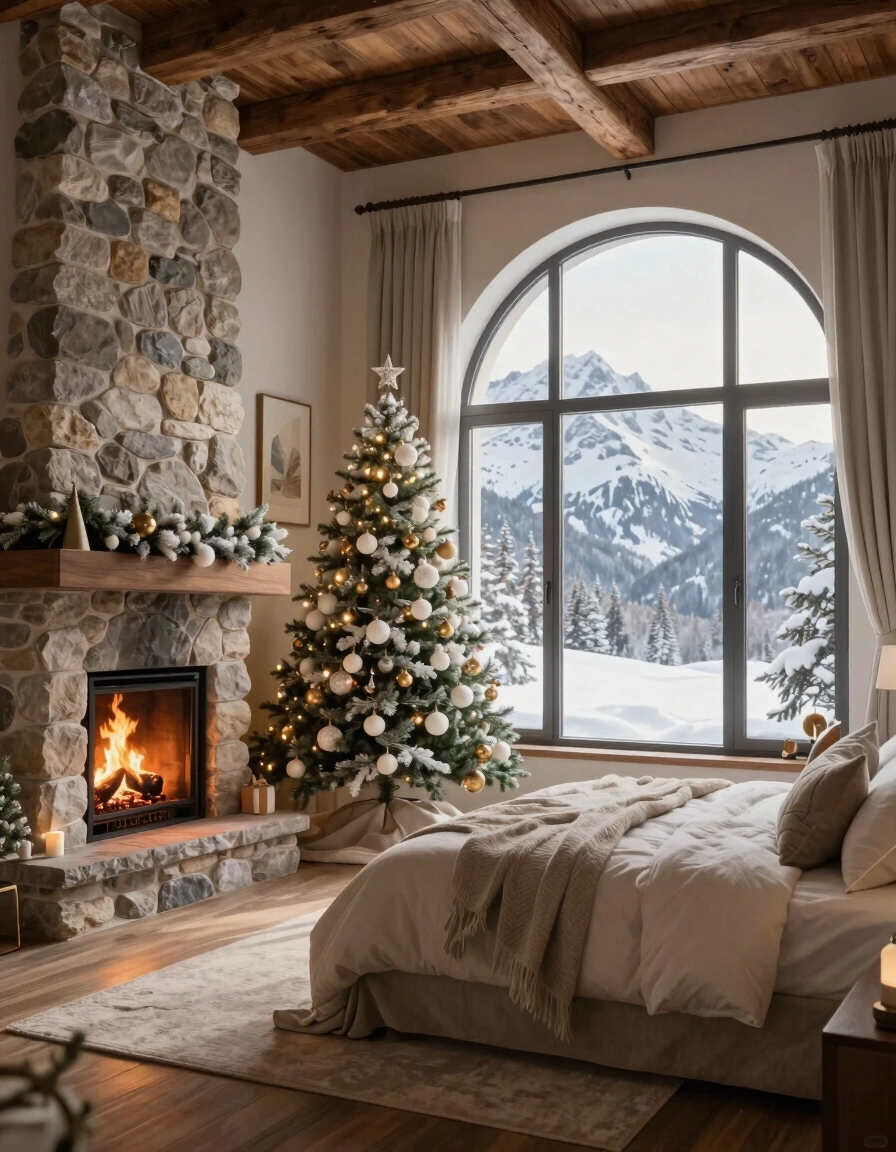 A cozy winter bedroom with a stone fireplace, Christmas tree, and large arched window showing a snowy mountain landscape.