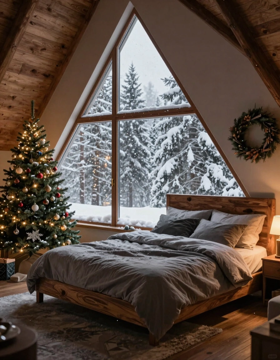 A peaceful winter bedroom with a large window, wooden bed, and Christmas tree, surrounded by snow-covered trees outside.