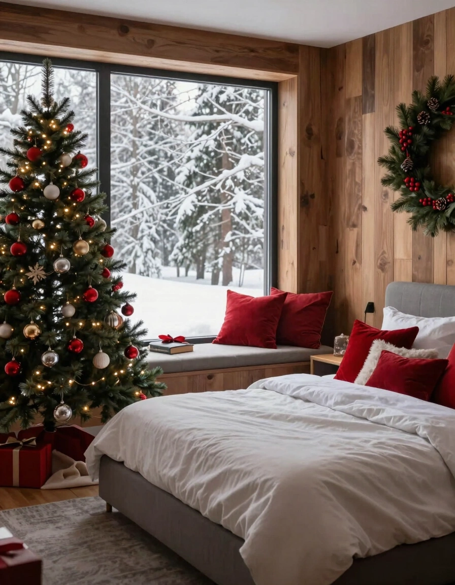A peaceful bedroom scene with a Christmas tree, a large window, and a cozy bed, surrounded by natural elements and festive decorations.