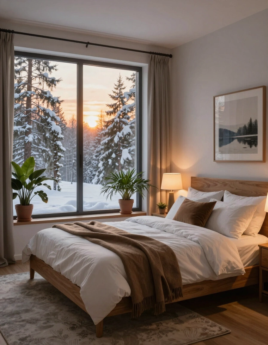A bedroom with a large window showing a snowy forest at sunset, a wooden bed with white bedding and a brown throw blanket, and warm lighting.
