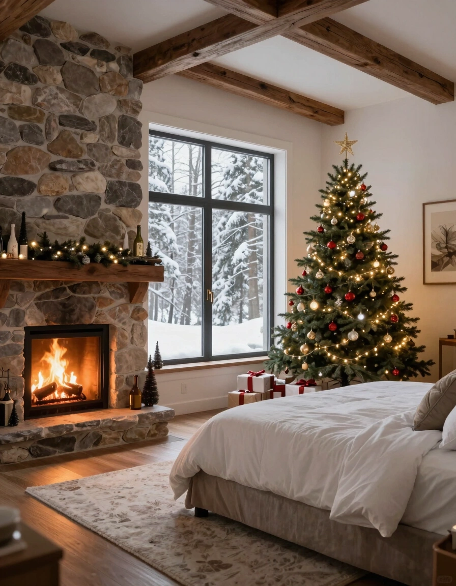 A cozy bedroom with a stone fireplace, Christmas tree, and large window showing a snowy forest.