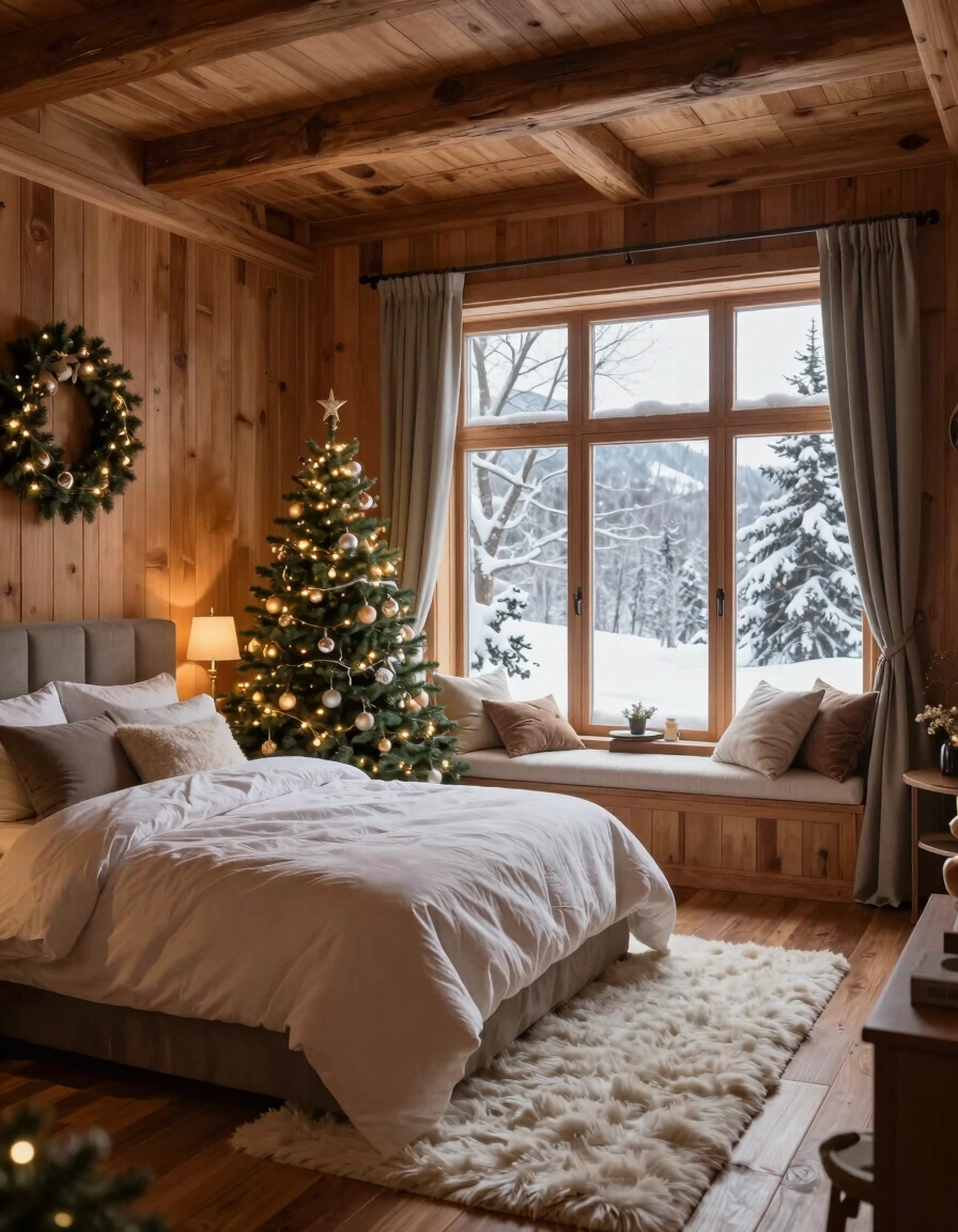 A cozy winter bedroom with a large bed, window seat, and Christmas tree, surrounded by light wood paneling and soft lighting.